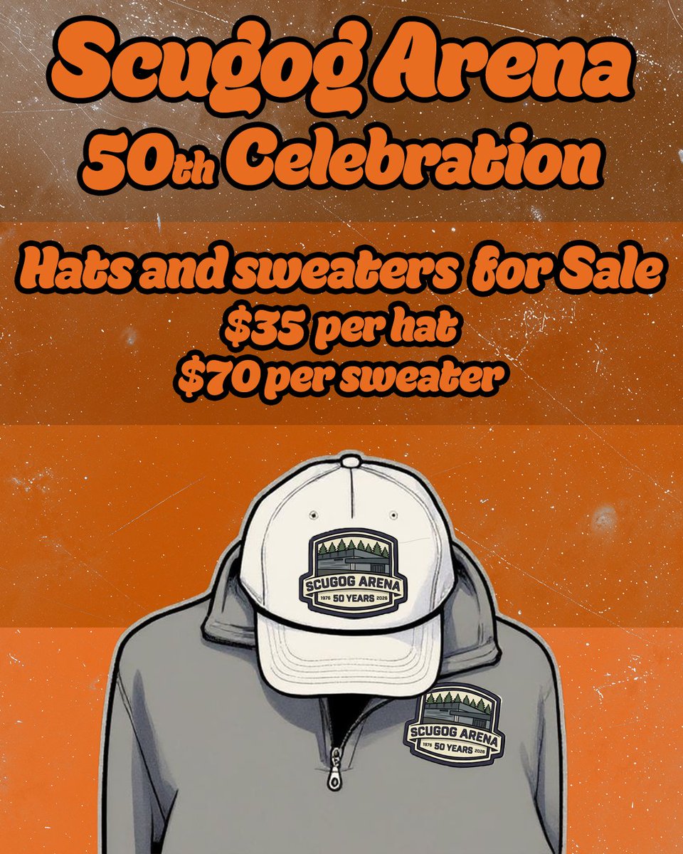 TwpofScugog's tweet photo. 📣 Merch alert! Scugog Arena 50th Anniversary hats and quarter zip sweaters are still available for purchase! 

Secure yours today through our form at https://t.co/chqIk5Qqvw. You can also access dance tickets through the same link 👀

Hats are $35 and sweaters are $70. https://t.co/2Bnm3XIQgW