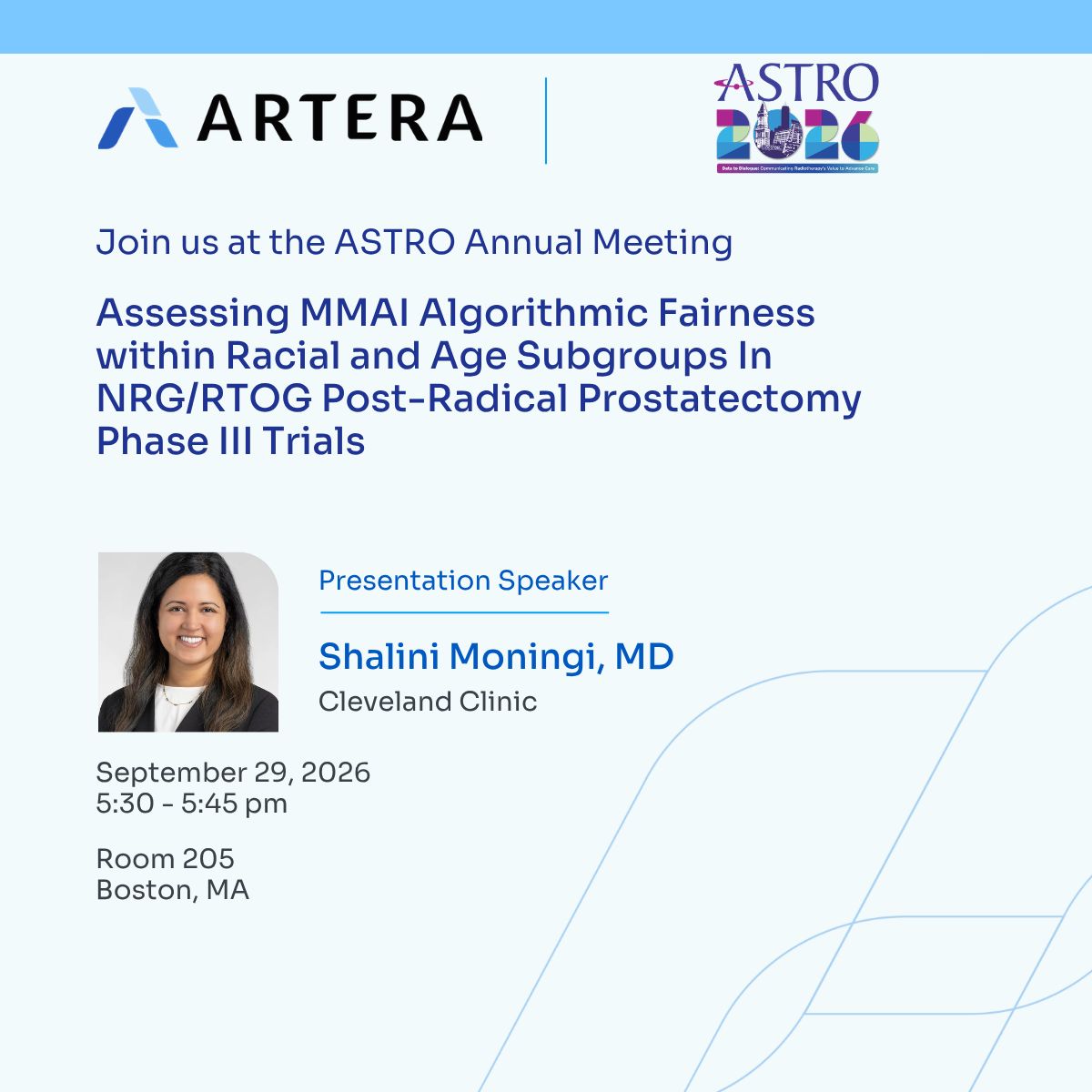 arteraAI's tweet photo. At #ASTRO26, our collaborators will share findings spanning biomarker validation, treatment selection, algorithmic fairness, risk prediction and more. Be sure to mark your calendar!

See the lineup below for some of our presentations: 

#ArteraAI https://t.co/ESfc4FE1LD