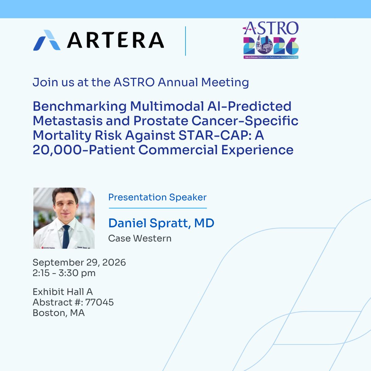 arteraAI's tweet photo. At #ASTRO26, our collaborators will share findings spanning biomarker validation, treatment selection, algorithmic fairness, risk prediction and more. Be sure to mark your calendar!

See the lineup below for some of our presentations: 

#ArteraAI https://t.co/ESfc4FE1LD