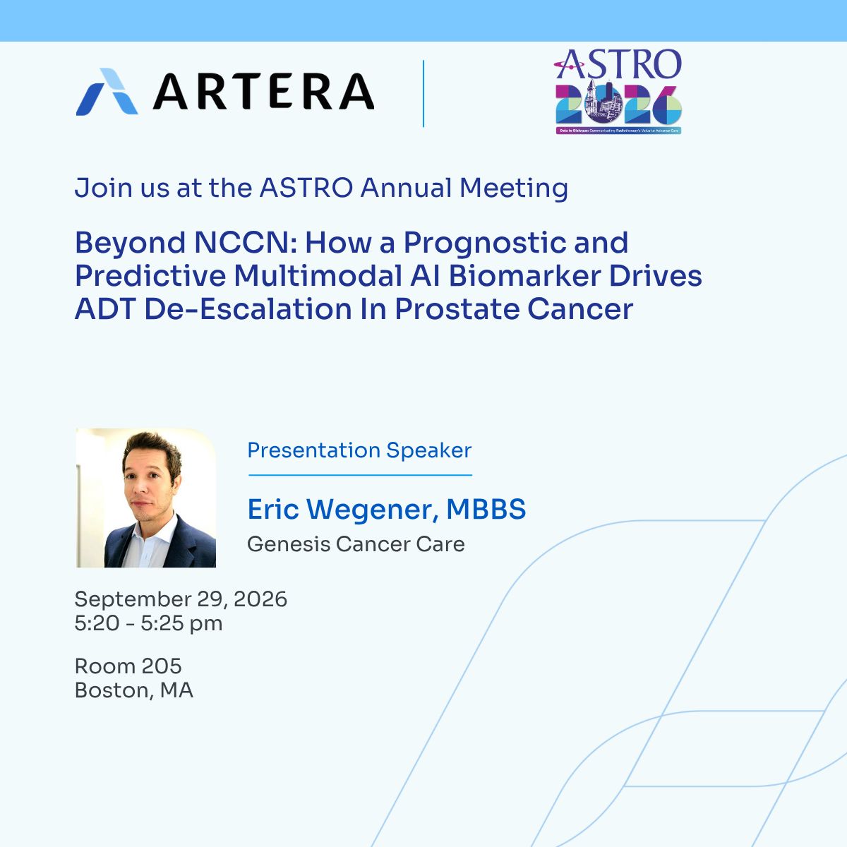 arteraAI's tweet photo. At #ASTRO26, our collaborators will share findings spanning biomarker validation, treatment selection, algorithmic fairness, risk prediction and more. Be sure to mark your calendar!

See the lineup below for some of our presentations: 

#ArteraAI https://t.co/ESfc4FE1LD