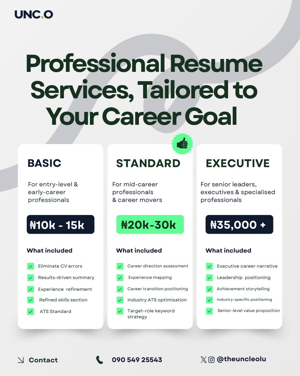 theuncleolu's tweet photo. Your CV should communicate your skills, experience and qualifications in a way that clearly shows who you are, what you can do, and why you're worth considering.

If you need to revamp your CV or write a new one, I'm your guy. https://t.co/TJxv0yhI0I