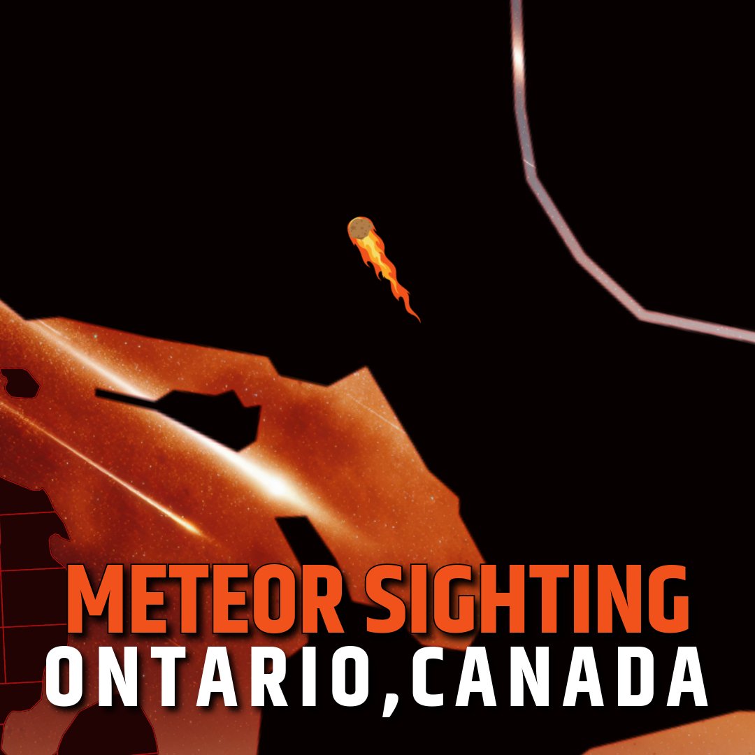 This graphic reads, Meteor Sighting Ontario, Canada, at the bottom. It features an outline of the areas with an illustrated meteor traveling northwest in the center. Credit: NASA/Alyssa Lee