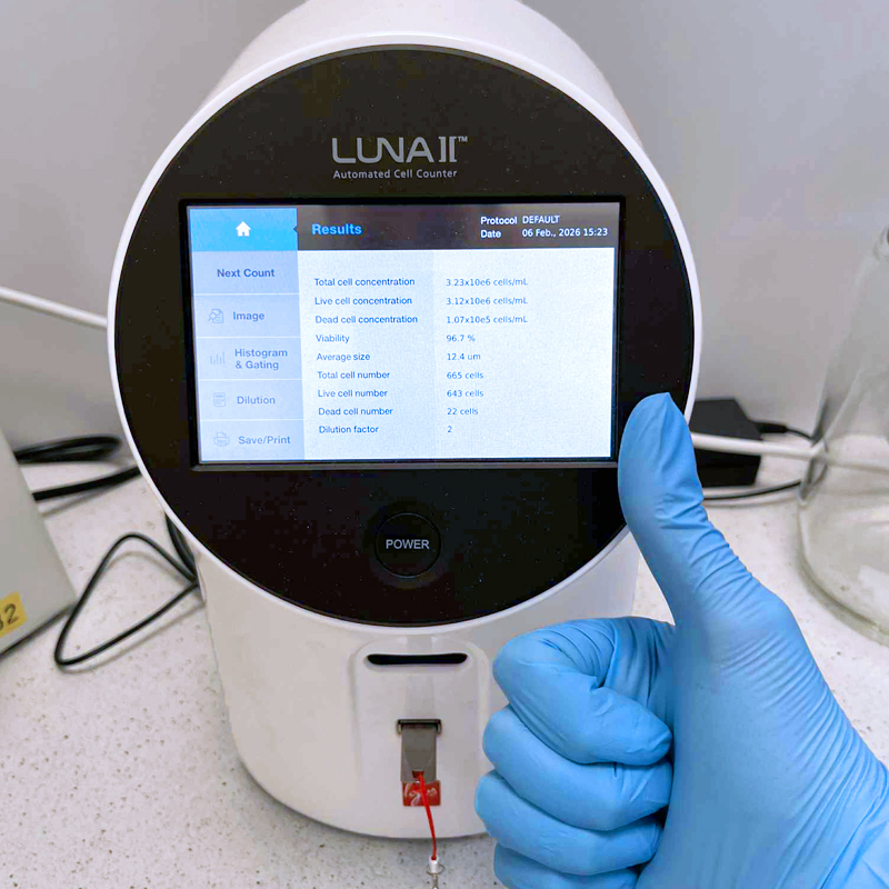LogosBiosystems's tweet photo. A 'thumbs up' from this researcher at the Institute of Human Genetics PAS, who said, 'I am very satisfied with my LUNA-II™. It is easy to use and very fast, especially compared to manual cell counting...I like how compact the device is...' #research #laboratory #cellviability https://t.co/OVvtNp8W9A
