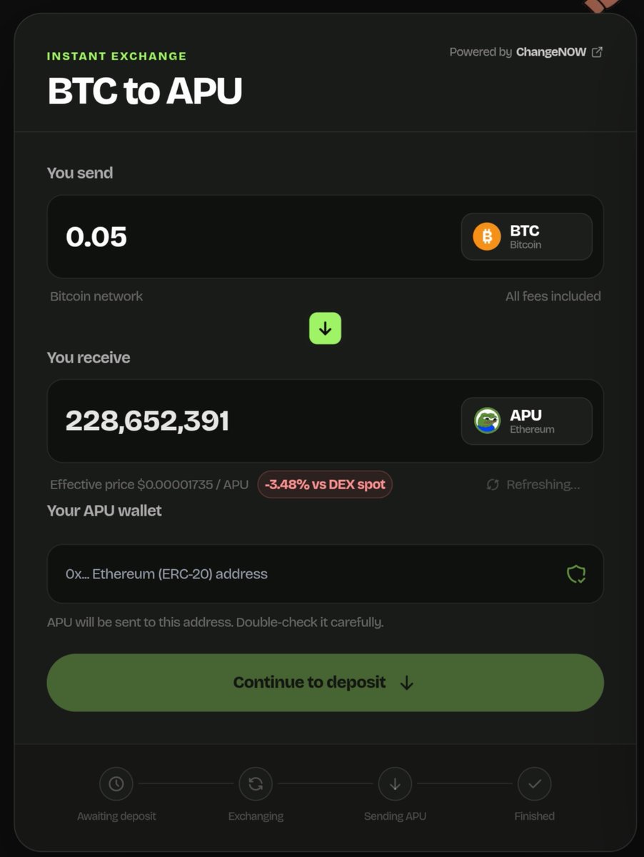 ApusCoin's tweet photo. Henlo frens 🐸

We’re happy to announce you can now swap for $APU directly on https://t.co/txH7ZN6LV1 

Swap BTC for APU.

Your BTC goes to a one-time deposit address. ChangeNOW handles the exchange and sends ERC-20 APU to the wallet you provide.

🐸 No account required
🐸 No wallet connection
🐸 Track every step