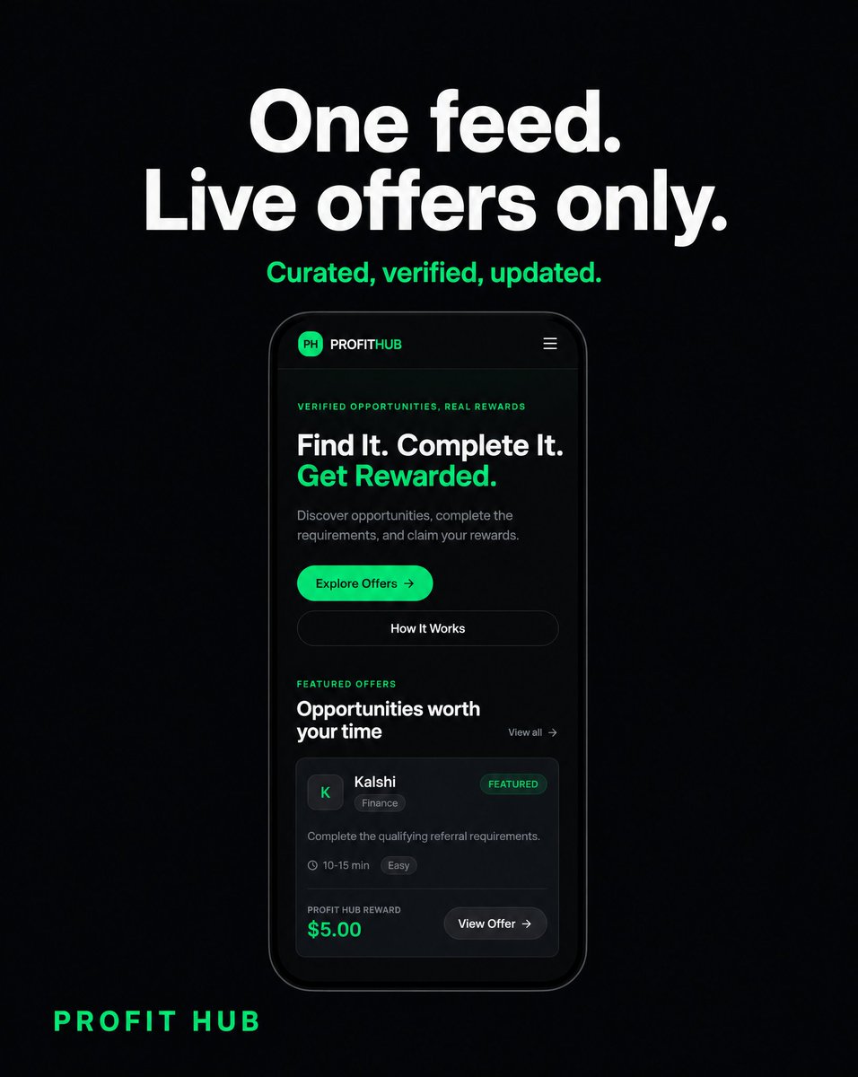 GetProfitHub's tweet photo. Twelve tabs. Three Discord servers. A notes app full of codes that expired last Tuesday. That is what finding a real offer usually costs before you even start earning anything.

Profit Hub replaced the hunt with one feed: live, featured offers with the requirements and reward sho https://t.co/YnzMzq0J5e