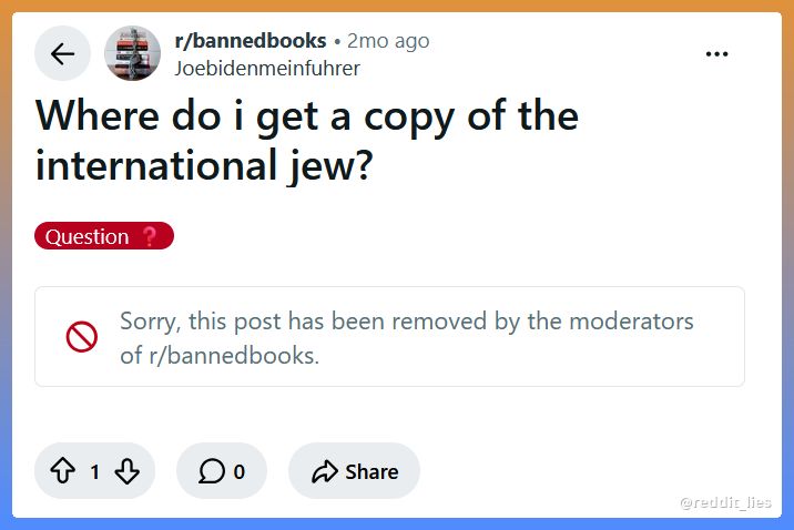 reddit_lies's tweet photo. I will continue to showcase r/bannedbooks until they stop silencing people who ask for copies of actually banned books. https://t.co/EeWUDmNX4m