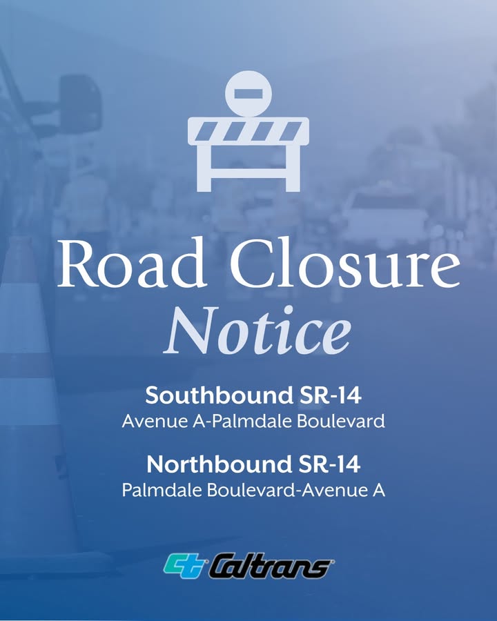 PalmdaleCity's tweet photo. 🚧 Caltrans Alert 🚧

Caltrans is continuing construction on SR-14. If you're driving at night this week, here is what you need to know:

📅 Monday, Sept. 14-Friday, Sept. 18
⏰ Nightly from 8 p.m.-6 a.m.

Full freeway closure:
🚧 Southbound SR-14: Avenue A to Palmdale Boulevard
🚧 Northbound SR-14: Palmdale Boulevard to Avenue A

Ramp closures:
🛣️ Rancho Vista Boulevard: Northbound and Southbound on-ramps from 9 p.m. to 6 a.m.
🛣️ Avenue P: Southbound on-ramp from 9 p.m. to 5 a.m.
🛣️ 10th Street West: Northbound and Southbound on- and off-ramps from 7 p.m. to 6 a.m.
🛣️ Avenue N: Northbound and Southbound on- and off-ramps from 7 p.m. to 6 a.m.
🛣️ Avenue M: Northbound and Southbound on- and off-ramps from 7 p.m. to 6 a.m.
🛣️ Avenue L: Northbound and Southbound on- and off-ramps from 7 p.m. to 6 a.m.

Residents and local businesses near the freeway might experience noise, vibrations and grinding from the construction activities. Detour signs will be posted; expect delays and please use alternate routes. 

➡️ Check real-time traffic at https://t.co/NwYgdr8OZ5  

Please note that this schedule is weather permitting and all dates and times are subject to change. Caltrans reminds drivers to “Be Work Zone Alert” and “Move Over!" Thank you for your patience.