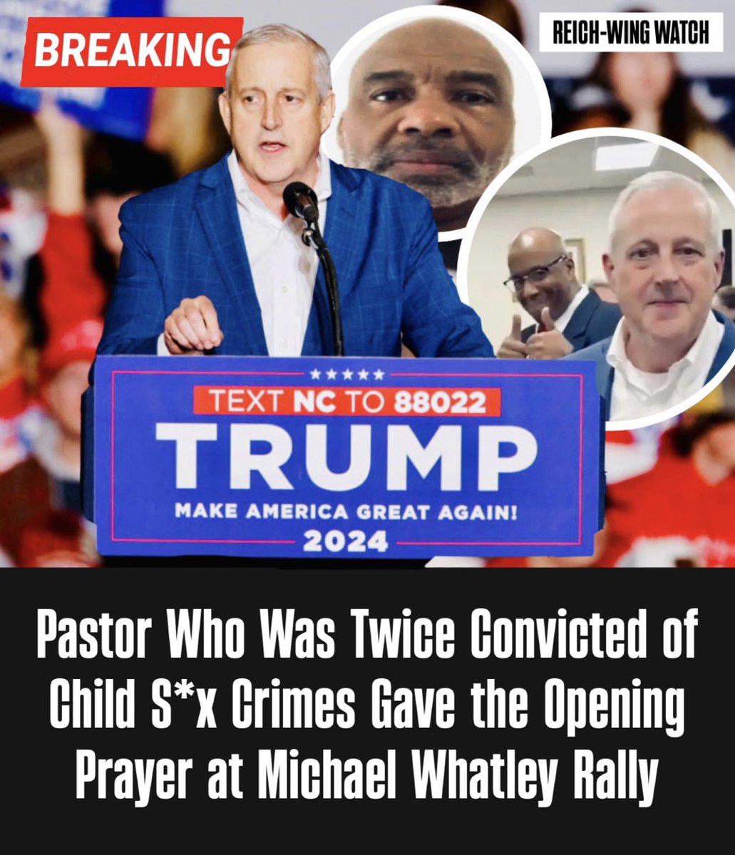 ReichWingWatch's tweet photo. 🚨A twice-convicted, lifetime-registered s*x offender was invited to give the opening prayer at a Michael Whatley campaign rally.

According to AP reporting, pastor Daimon L. King, 60, delivered the opening prayer at an Aug. 28 event at Craven County GOP headquarters featuring North Carolina Senate candidate Whatley and Trump health official Dr. Mehmet Oz. 

King leads New Beginnings Celebration church in New Bern and has served as a Craven County GOP precinct chairman.

His record: Wake County court files show King pleaded guilty in 1998 to statutory r*pe/s*xual offense and indecent liberties with a child — a 15-year-old student — while working as a high school marching band assistant. He served nearly five years and was paroled in 2003.

In 2010, he pleaded guilty to three felony counts of inc*st involving an underage female relative, serving nearly three more years. NC’s sex offender registry lists him as a “recidivist” with a lifetime registration requirement, still registered through the Craven County Sheriff’s Office.

Whatley’s campaign told AP he didn’t know King and didn’t organize the event; spokesman DJ Griffin said the county GOP invited the guests. Neither King nor county party officials responded to AP.

This isn’t Whatley’s first brush with this exact issue — he’s also faced scrutiny over ties to Harvey L. West Jr., a former state GOP official convicted of five counts of indecent liberties with a child. West told AP he’d warned others about King: “I just said, ‘Hey, y’all might want to take a look at this.’”

Nobody listened.