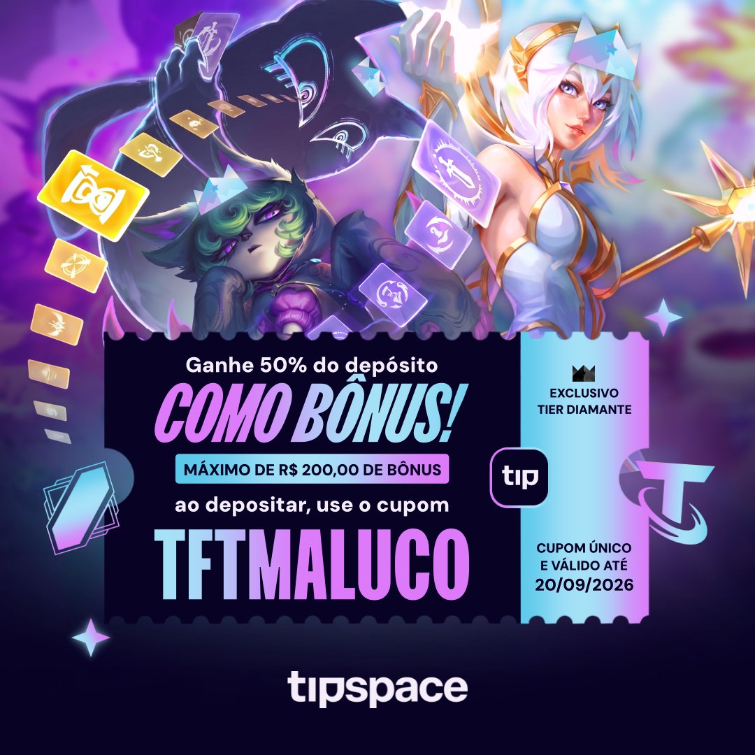 tipspace's tweet photo. Se jogue no ARAM Desordem e no Set 18 do TFT com Tipspace, estreando o mais novo cupom exclusivo para jogadores Tier Diamante! 💎

Use TFTMALUCO no seu depósito para ganhar 50% do valor como bônus no app! (até um máximo de R$200 de bônus) 🤑

Cupom único e válido até 20/09/2026 🗓️