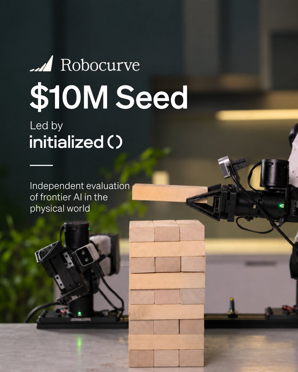 Initialized's tweet photo. We're thrilled to lead the $10M seed round for @robocurve, a Public Benefit Corporation independently evaluating and benchmarking how frontier AI models perform in the physical world. Frontier models are becoming increasingly capable of controlling robots, and understanding what these systems can actually do is becoming more important.

Founder and CEO @chooi_jeq is not new to this. He was previously a Research Fellow at MATS, a researcher at the UK AI Security Institute, and a top contributor to Inspect Evals, the UK government's AI eval framework.

Robocurve provides independent evidence of robotic capabilities and how quickly those capabilities are changing, helping the public understand the pace of AI progress in the physical world.

In just three months, Robocurve's research has been viewed 6M+ times, its open-source evaluation harness has been downloaded 97k+ times, and researchers from 200+ institutions have signed up to build robotics benchmarks with the team.