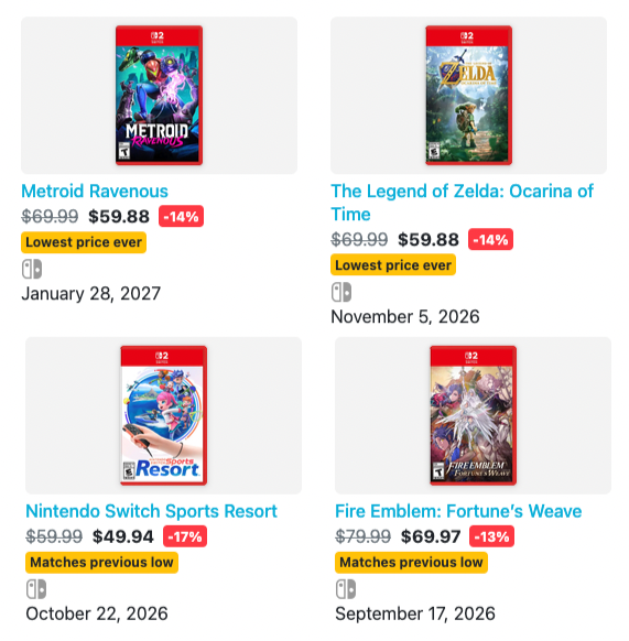 Nintendeal's tweet photo. As a physical collector, Walmart has come in SO CLUTCH for Switch 2!

$10 off preorders
Metroid Ravenous: https://t.co/BIXUuMhoox
Zelda Ocarina of Time: https://t.co/TVqYJKlhTd
Switch Sports Resort: https://t.co/6Hrwa1K8vM #ad
Fire Emblem Fortune’s Weave: https://t.co/fh6NAvUf77 https://t.co/w2NUI5fEbq