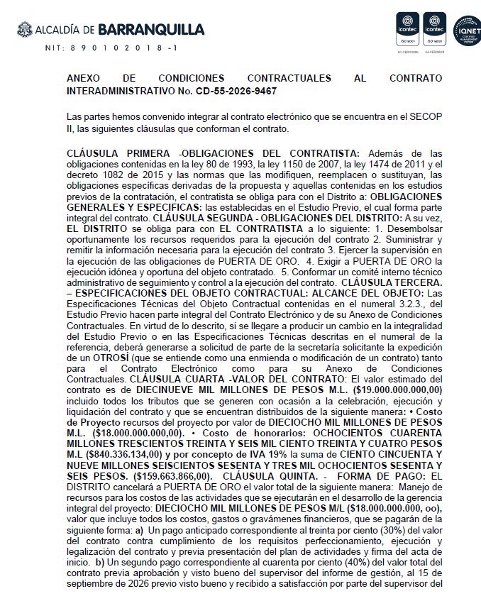 CassiusCIayX's tweet photo. Barranquilla le firmó $19.000 millones a Puerta de Oro por contratación directa. Pero recordemos: el Distrito y la Gobernación son accionistas mayoritarios de Puerta de Oro. Se contrataron directamente, sin competencia, 0 proponentes en el expediente.

De esos $19.000 millones, $18.000 millones corresponden a los costos de ejecución que administrará Puerta de Oro. Y el contrato deja como explícito que “las garantías se constituyen únicamente sobre el componente de honorarios de $1.000 millones”, NO sobre los $18.000 millones destinados a la ejecución. 

Es decir, la mayor parte de los recursos queda fuera del componente de garantías que el propio contrato identifica para los honorarios.

Este año el Distrito también le contrató directamente a Puerta de Oro otros $12.300 millones. Y en 2025 la ADR le adjudicó directamente a la misma empresa más de $16.000 millones en dos contratos muy similares. 

Sobre Puerta de Oro ya existen investigaciones de @lasillavacia que documentaron denuncias de Samuel Tcherassi sobre una presunta coima del 10% y correos que muestran que empresarios cercanos al entorno de Char estaban gestionando el negocio de la Luna del Río, antes del proceso formal.

Plata pública, contratación directa, 0 competencia y $18.000 millones administrados por una empresa de mayoría pública. 

Lo mínimo es preguntar quién termina ejecutando esos recursos y bajo qué criterios se seleccionan los subcontratistas. 

Pero malo hablar o preguntar porque se incomodan las bodegas charistas.
