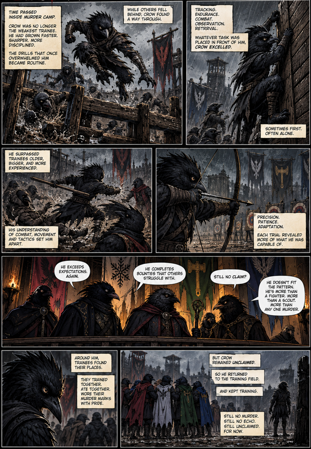 LegendOfCrows's tweet photo. 🐦‍⬛⚔️ CROW CHRONICLES III — UNCLAIMED ⚔️🐦‍⬛

Time passed inside Murder Camp.

And CROW was no longer the weakest trainee on the field.

He had grown faster.
Sharper.
More disciplined.
The drills that once overwhelmed him became routine.
Tracking.
Endurance.
Combat.
Observation.
Retrieval.

Whatever task was placed in front of him, CROW completed it.

Sometimes first.
Often alone.
He began surpassing trainees who were older, stronger, and far more experienced.
His understanding of combat, movement, and tactics separated him from the others.
Every trial revealed more of what he was capable of.

And the elders noticed.

Around him, the other trainees were beginning to find where they belonged.

One was claimed by the Ashwings. 🔥

Another left wearing the mark of the snow-winged Murder. ❄️

Others found their place among the Hammerwings. 🪨

They trained together.

Ate together.

Returned from assignments together.

For them, Murder Camp was beginning to feel like home.

But CROW watched from the outside.

Waiting for his name.

Waiting for a Murder to call him forward.

It never came.

At first, he thought the answer was simple.

He needed to become better.

So he trained harder.

Another bounty completed.

No call.

Another victory.

No call.

Still no Murder.

Still no Echo.

Still unclaimed.

So CROW picked up his wooden baton...

and went back to the training field.

Because if no one was going to choose him yet—

he would give them no reason to overlook him forever.

🐦‍⬛

#CROW #Crowdon #CROWChronicles #Unclaimed