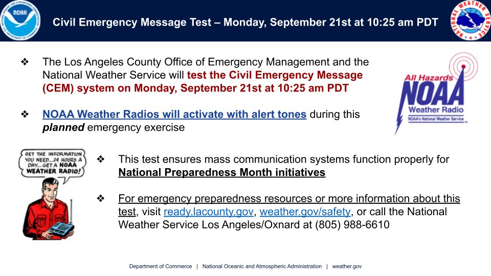 NWSLosAngeles's tweet photo. Less than a week until the #LACounty Civil Emergency Message (CEM) test. Be prepared. @NOAA Weather Radios will activate when @ReadyLACounty sends the CEM test. Spread the message and do not be caught off guard. #AmericansStandReady #NationalPreparednessMonth https://t.co/ow0eTIymlR