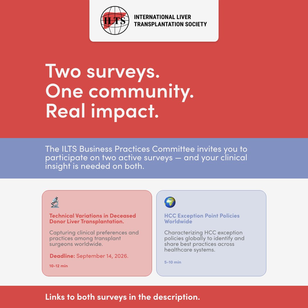 _ILTS_'s tweet photo. ⏰ Last chance! The ILTS Business Practices Committee survey on technical variations in deceased donor liver transplantation closes TODAY. 10–12 minutes — don't miss it. 

🔗 https://t.co/B69qt4iZls 

#ILTS #LiverTransplantation https://t.co/NceIVu2EI7
