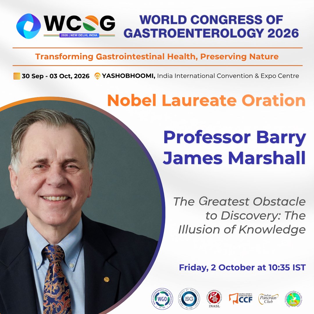 WorldGastroOrg's tweet photo. Hear directly from one of the world's leading voices in gastroenterology at the #WCOG2026 Nobel Laureate Oration, featuring Professor Barry James Marshall! https://t.co/rUneQQDxkp