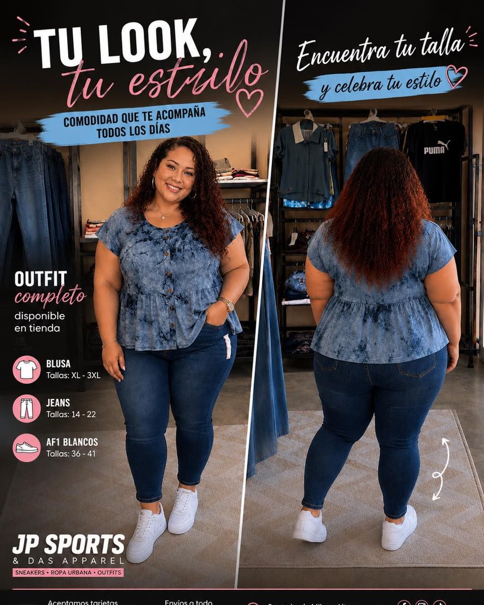 53Eliecer's tweet photo. Tu estilo, tu talla, tu forma de llevarlo. Outfits pensados para sentirte cómoda, verte increíble y disfrutar tu estilo sin importar la talla. Blusas, jeans y sneakers disponibles en tienda. Encuentra tu talla en JP Sports &amp; DAS Apparel, Santa https://t.co/SfHr5iRiVk