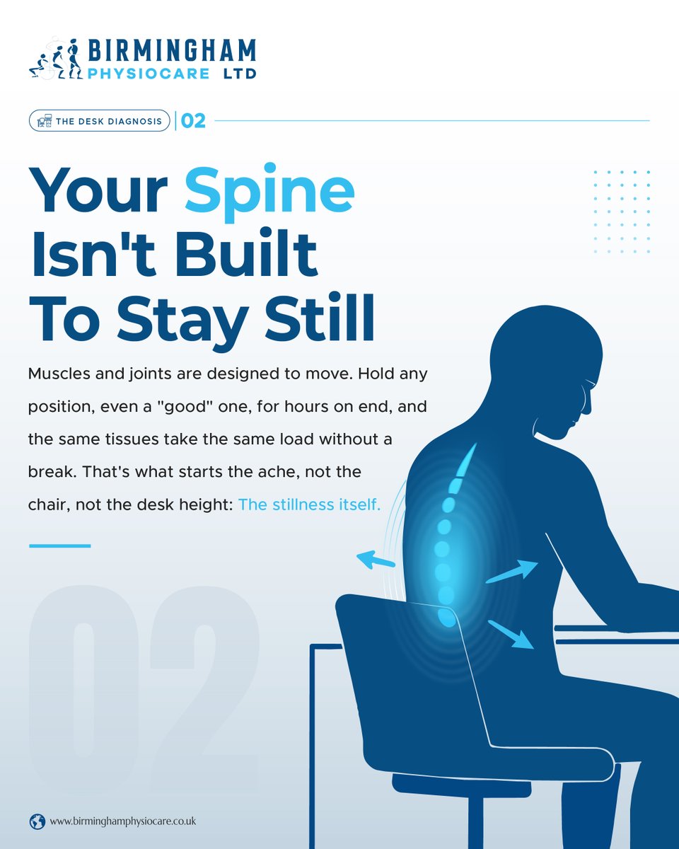 Bhamphysio's tweet photo. Holding any position for hours loads the same muscles and joints without a break, and that stillness is what starts the ache.

Tap the link in our bio to book your Workplace Ergonomic Assessment today: https://t.co/8mP2yXaeui

#SellyOakPhysio #ErgonomicAssessment #BackPainRelief https://t.co/FsnzkVFmsB