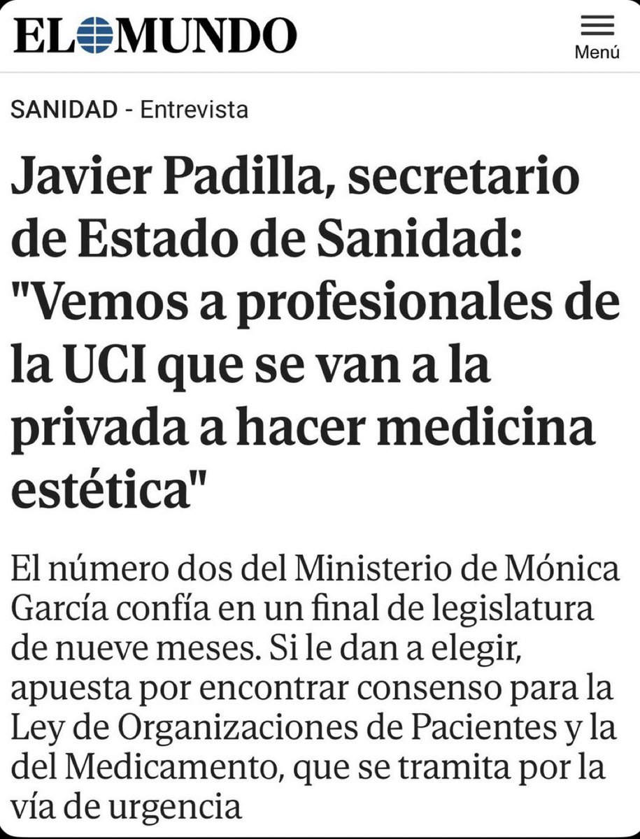 el_intensivista's tweet photo. Qué escándalo: un intensivista decide trabajar donde le pagan mejor o vive mejor. Habrá que avisar también al ingeniero que cambia de empresa, al profesor que se va a la privada, al abogado que monta un despacho, al enfermero que emigra, al camarero que cambia de bar y al funcionario que pide una excedencia.

Los profesionales no son propiedad del Estado ni están adscritos de por vida al puesto que un día eligieron.

Si a Sanidad le preocupa que los intensivistas se vayan a la privada, a estética, a investigación o a vender helados, quizá podría probar una idea revolucionaria: hacer que quedarse merezca la pena.

Menos reprochar al que se va. Más preguntarse por qué se va.