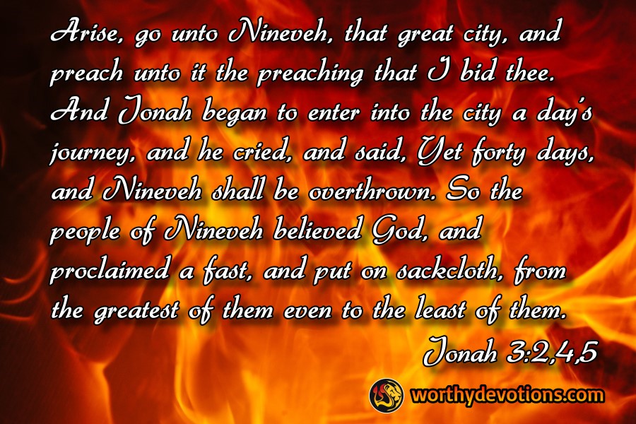 worthydevotions's tweet photo. Focus on God's Message!
So Jonah goes and begins to preach in this pagan city. His message is very simple. "Forty more days and Nineveh will be overthrown"(v. 4). That's it. That was his whole message. It's eight words in English; only 4 words in Hebrew.
#christian #devotio... https://t.co/d7PZcM5bO2