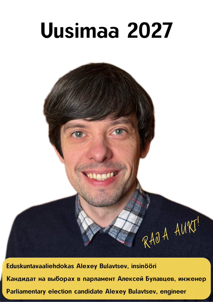 ABulavtsev's tweet photo. Я принял решение выдвинуться независимым кандидатом по списку Альянса Cвободы в избирательном округе Уусимаа на парламентских выборах в апреле 2027 года. Восточная граница закрыта уже более 1000 дней — это беспрецедентное нарушение права на семейные связи больно ударило по гражданам и жителям Финляндии, имеющим родственников в России. Экономические последствия этого сугубо политического решения заметны по всей стране. Несмотря на то, что нынешнее финское правительство фактически сделало токсичными любые публичные обсуждения ситуации с границей, я с 2023 года всеми законными способами противодействую её закрытию в рамках Александровского общества и планирую продолжать эту деятельность. Также вызывают тревогу ситуация с равноправием, дискриминацией, а также стигматизация вплоть до травли людей, открыто высказывающих точку зрения, отличную от общепринятой в Финляндии. Если вы считаете, что нынешний состав парламента не замечает ваших проблем и мнений, я готов стать вашим депутатом.