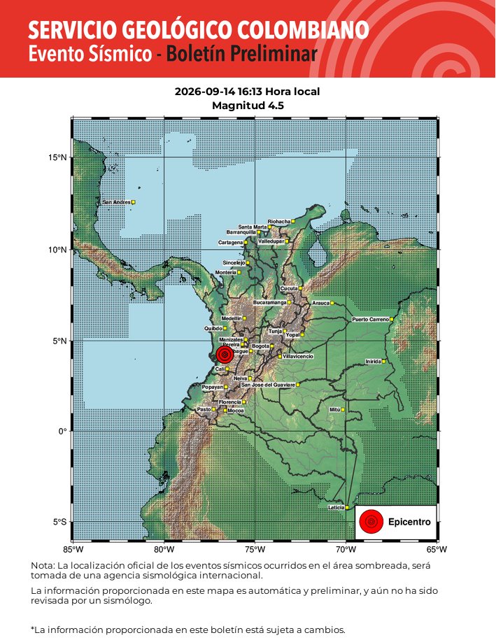 sgcol's tweet photo. #SismosColombiaSGC Evento Sísmico - Boletín Preliminar, 2026-09-14, 16:13 hora local Magnitud 4.5. Profundidad superficial ¿Sintió este sismo? repórtelo https://t.co/pgC7OC2O7j https://t.co/63pt8nVsSe #Temblor #Sismo https://t.co/efDJh4PQiR