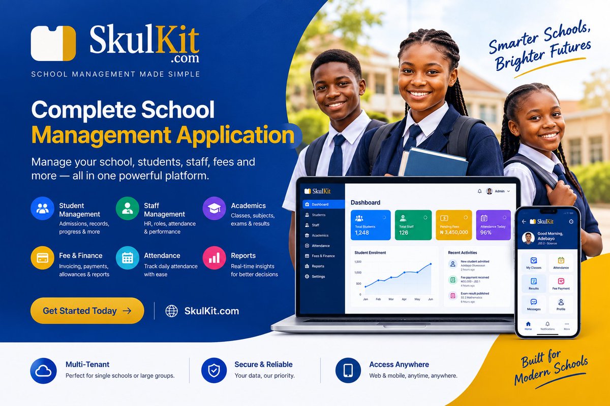 skul_kit's tweet photo. SkulKit is an all-in-one school management platform that gives every school its own branded portal for admissions, academics, attendance, results, finance, cbt, transportation, hostel, Birthday SMS and email, etc. - Get started at https://t.co/9pD8lXiSEQ https://t.co/4auprQxM0B