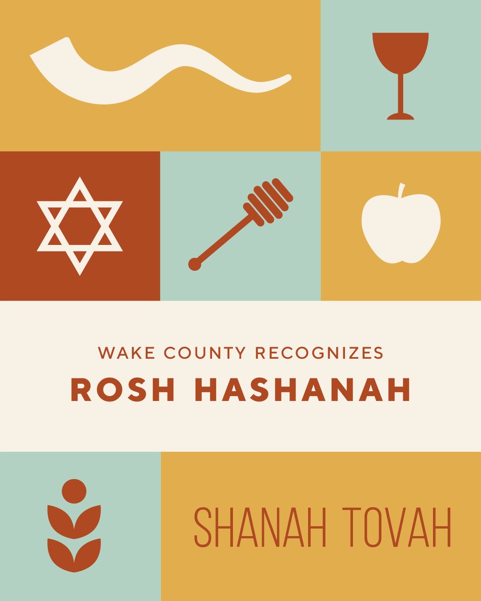 Yellow, cream, green, and brown graphic with illustrations related to Rosh Hashanah. Text reads: “Wake County Recognizes Rosh Hashanah” and “Shanah Tovah.”