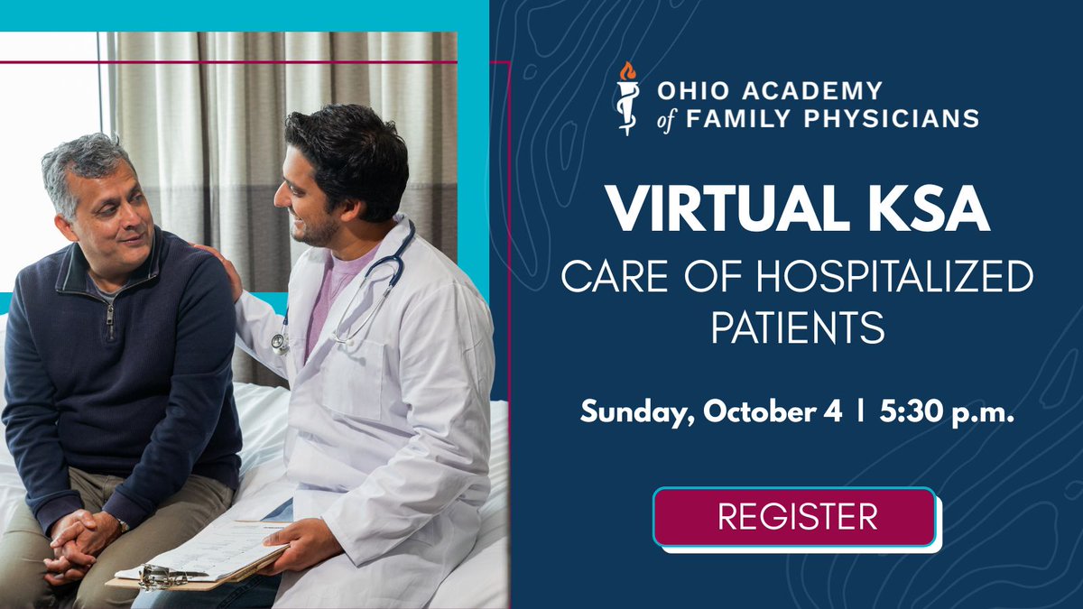 OhioAFP's tweet photo. The OAFP, along with partnering AAFP chapters, are hosting an ABFM-endorsed Family Medicine Certification Knowledge Self-Assessment Group Study on the Care of Hospitalized Patients on Sunday, October 4, at 5:30 p.m. Learn more &amp; register: https://t.co/vlgi8gcNBl https://t.co/zErG34nOyM
