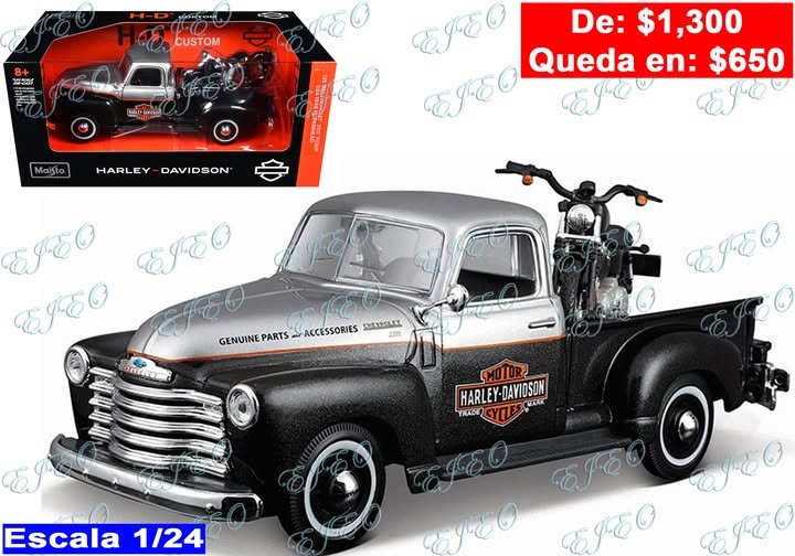 distribuidoejeo's tweet photo. Atención:

A la venta ya con nosotros esta camioneta con moto de la marca Harley Davidson en escala 1/24

De $1,300 queda en $650

#DistribuidoraEjeo #Maisto #harleydavidson #1950 Chevrolet #3100 #pickup #fl #panhead #escala1/24 #escala1/27 https://t.co/kXU6HoHOBC
