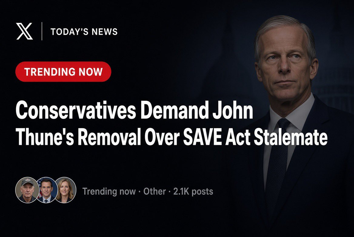 WallStreetApes's tweet photo. People demanding that Leader John Thune be fired is now a Top News topic on X

- The Save Act was introduced 619 days
- The expanded Save America Act was introduced 514 days ago

There are ZERO excuses to why it takes 619 days to pass mandatory Voter ID. It’s a Uniparty

The Save America act is simple, it’s:

- Mandatory Voter ID
- Proof of citizenship
- Ban mail in ballots

Elon Musk even said not passing the Save Act is treason