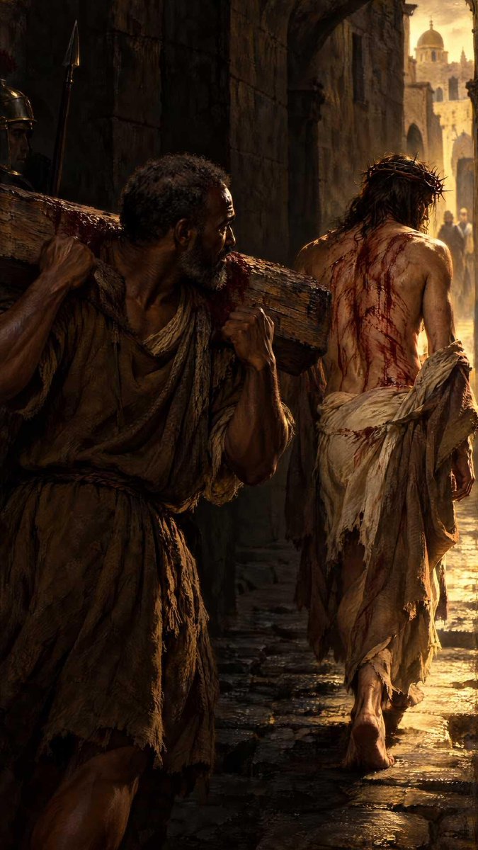 Adam_FaithfulM's tweet photo. The man who carried the cross for Jesus didn't volunteer.

He was grabbed.

Mark 15:21. And they compelled one Simon the Cyrenian, who passed by, coming out of the country, the father of Alexander and Rufus, to bear his cross.

Picture it. A man walking into Jerusalem from the fields, minding his own business, and a Roman soldier's hand lands on his shoulder. You. The beam. Now.

Cyrene was in North Africa, modern Libya. Over a thousand kilometers from Jerusalem. Simon had made that journey for Passover, the holiest week of the year, and on the biggest morning of the feast he took the wrong street.

Now look at the word Mark uses. Compel.

In Greek it's angareuō. It comes from the old Persian courier system: a royal messenger could stop any civilian and requisition his horse, his cart, his back. Rome kept the custom. A legionary could grab any man on the road and make him carry the army's load, no questions asked. It was the most hated power the occupier had.

You've heard that word before. Jesus used it.

Matthew 5:41. And whosoever shall compel thee to go a mile, go with him twain.

Same verb. Angareuō.

Jesus stood on a hillside and told a crowd: when the soldier grabs you and makes you carry his load, don't just go the one mile the law requires. Go two.

Two years later, a soldier grabbed a man who had never heard that sermon and made him carry the Preacher's own cross.

Then Luke adds his detail.

Luke 23:26. On him they laid the cross, that he might bear it after Jesus.

After Jesus. Behind Him. Following.

Now flip back fourteen chapters in the same book. Luke 9:23. If any man will come after me, let him deny himself, and take up his cross daily, and follow me.

Luke wrote both sentences. He knew exactly what he was doing. Jesus preached take up your cross and follow me and the first human being in history to do it literally was a stranger from Libya who was forced.

Think about what Simon actually carried.

By the time the soldiers grabbed him, Jesus had already been scourged. Roman whips had lead and bone in the tips. His back was open. He'd been carrying the beam on it. The wood was wet.

Simon put that wood on his own shoulders. And walked behind Jesus, close enough to watch His back, the back Isaiah had written about seven hundred years earlier. I gave my back to the smiters.

He went to Golgotha with the blood of Christ soaked into his clothes.

Not a disciple. Not a believer. Not a volunteer. Just the man closest to the wrong soldier at the wrong moment.

And then Mark does something strange.

He names Simon's sons. Alexander and Rufus.

Why? Mark doesn't name the thieves on the cross. He doesn't name the centurion. He doesn't name the servant girl who broke Peter. But he stops the crucifixion narrative to tell you who Simon's kids were.

There's only one reason a writer does that.

His readers knew them.

The early church was unanimous that Mark wrote his gospel in Rome. And Paul, writing to the church in Rome, ends his letter with a list of greetings.

Romans 16:13. Salute Rufus, chosen in the Lord, and his mother and mine.

Rufus. In Rome. A man Paul singles out as chosen. And a mother Paul says had mothered him too.

Many scholars think that's Simon's son and Simon's wife.

If they're right, and it is the simplest explanation for Mark's detail, then here is what happened to the man who was grabbed on the road.

He went home to a wife and two boys, with another man's blood on his coat, and something he saw on that hill went through the whole household. Thirty years later his sons are known by name in the church in the capital of the empire. His wife is looking after the apostle Paul like a son.

Simon never says a word in the Bible. We have no record of his conversion, no sermon, no prayer. We only have the fruit. Two boys the church knew. A mother Paul loved.

He was forced to carry the cross one mile.

His family carried it for the rest of their lives.

Now you.

You didn't volunteer for the thing on your back either. Nobody does. You were walking in from the country, minding your own life, and a hand landed on your shoulder. The diagnosis. The child who needs more than you have. The grief you're still standing in. The debt. The parent who can't remember your name.

Ask Simon how it felt on Friday morning. Worst luck of his life. Ruined his Passover. A stranger's blood on his shoulders.

Ask him by Sunday.

The thing you were forced to carry is the only reason his name is in the Bible.

And notice where he was standing while he carried it. 
Luke told you. After Jesus.

The forced cross is never carried alone. You're behind Him. He's already walked that road with a worse version of the same beam, and He's in front of you right now, close enough to see His back.

You didn't choose it.

Pick it up anyway.

He's in front of you.