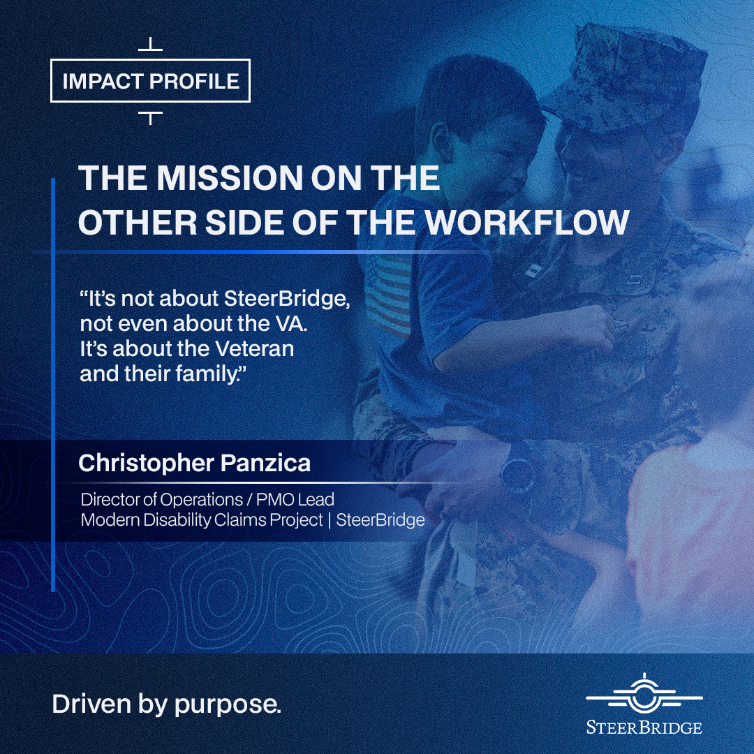 steerbridge's tweet photo. Behind every complex Veteran-facing workflow is a person waiting for an outcome.

Chris Panzica helps keep teams, processes, and technology connected on SteerBridge’s Modern Disability Claims Project.

For him, the mission is personal. 

#SteerBridge #Veterans https://t.co/b8EleylplW
