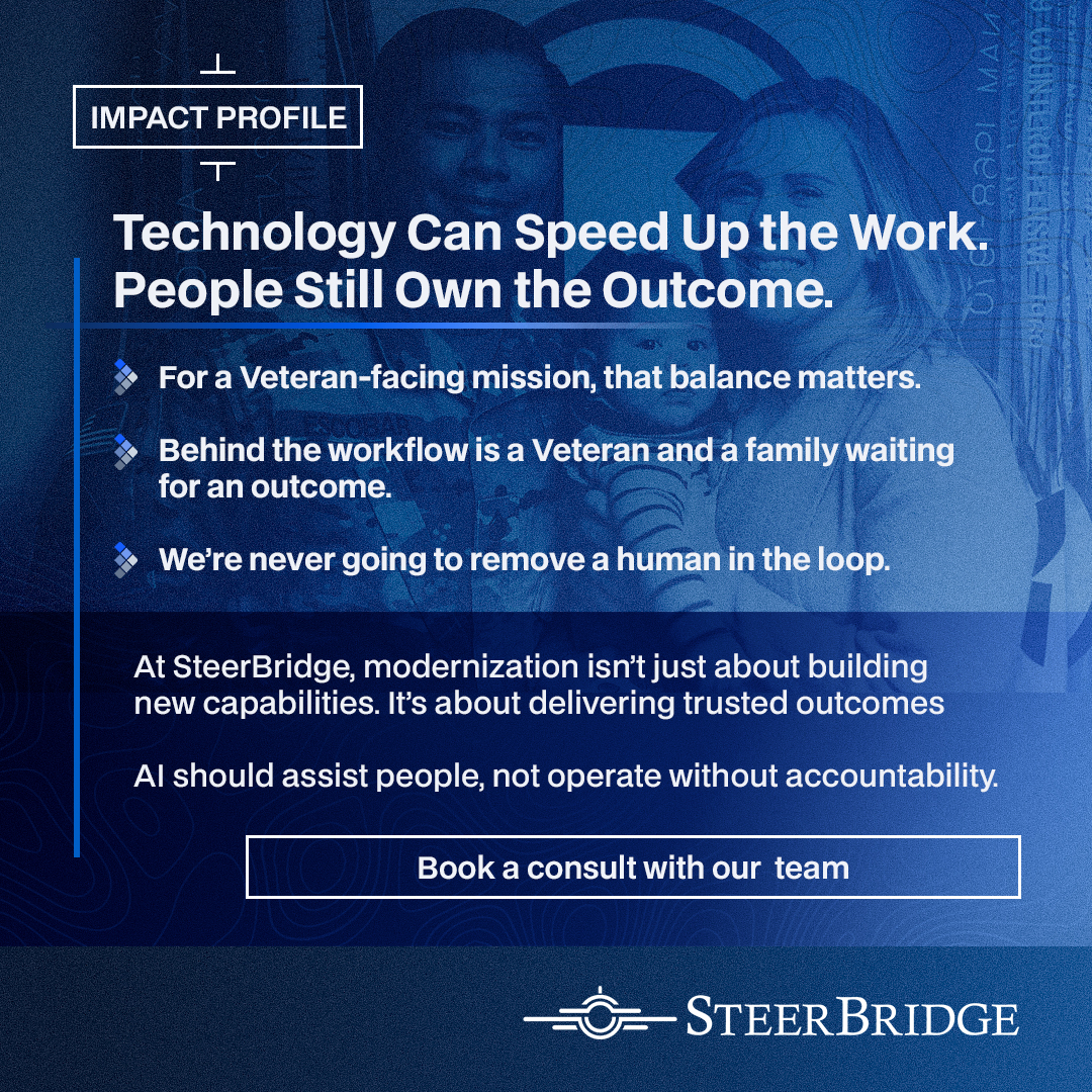 steerbridge's tweet photo. Behind every complex Veteran-facing workflow is a person waiting for an outcome.

Chris Panzica helps keep teams, processes, and technology connected on SteerBridge’s Modern Disability Claims Project.

For him, the mission is personal. 

#SteerBridge #Veterans https://t.co/b8EleylplW