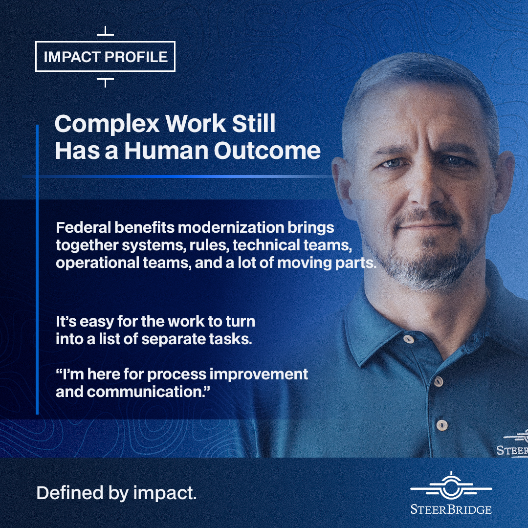 steerbridge's tweet photo. Behind every complex Veteran-facing workflow is a person waiting for an outcome.

Chris Panzica helps keep teams, processes, and technology connected on SteerBridge’s Modern Disability Claims Project.

For him, the mission is personal. 

#SteerBridge #Veterans https://t.co/b8EleylplW