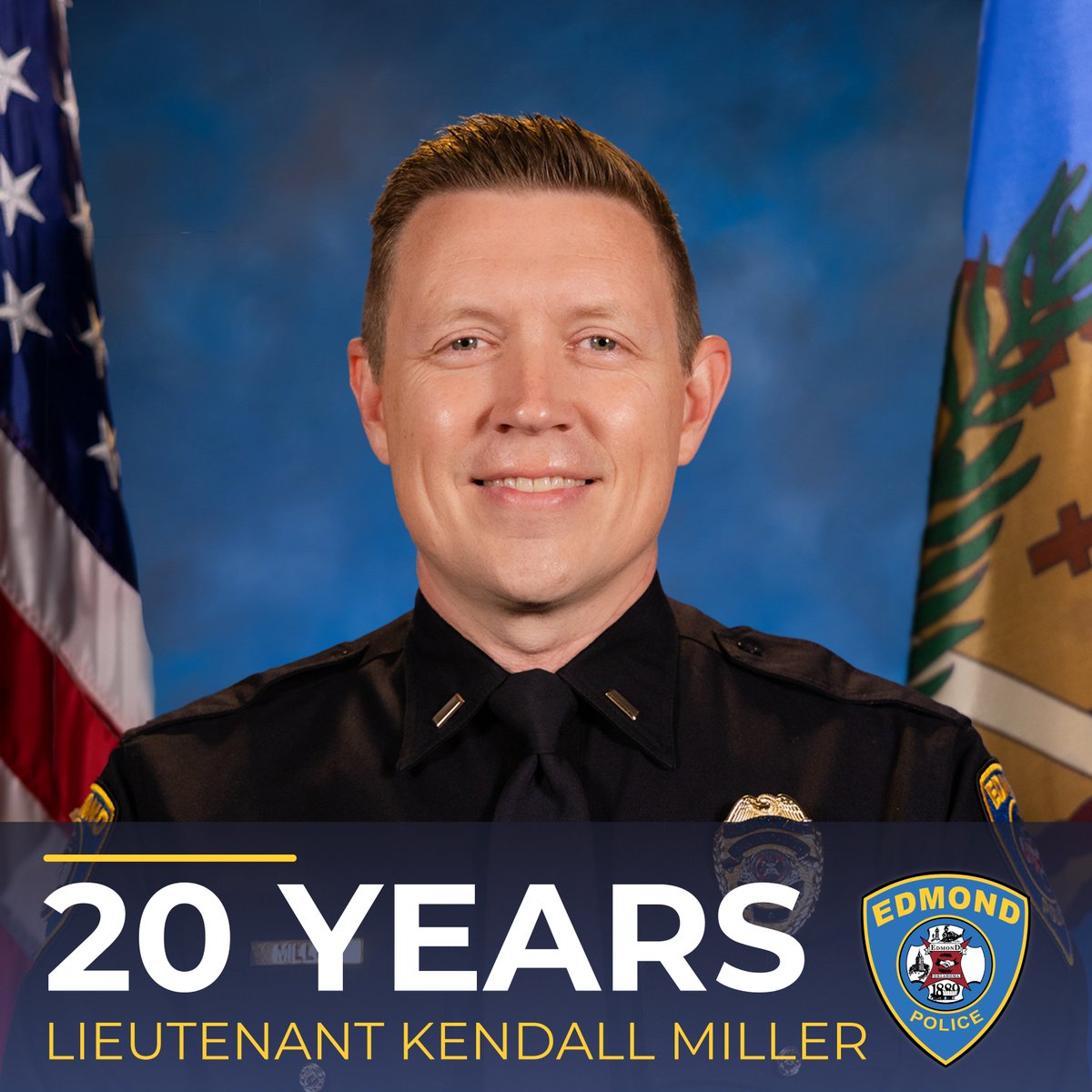 EdmondPD's tweet photo. Join us in celebrating Lt. Miller’s 20 years of service with the Edmond Police Department! Thank you for your dedication and the many ways you continue to serve our community. https://t.co/BWVDy4fwZK