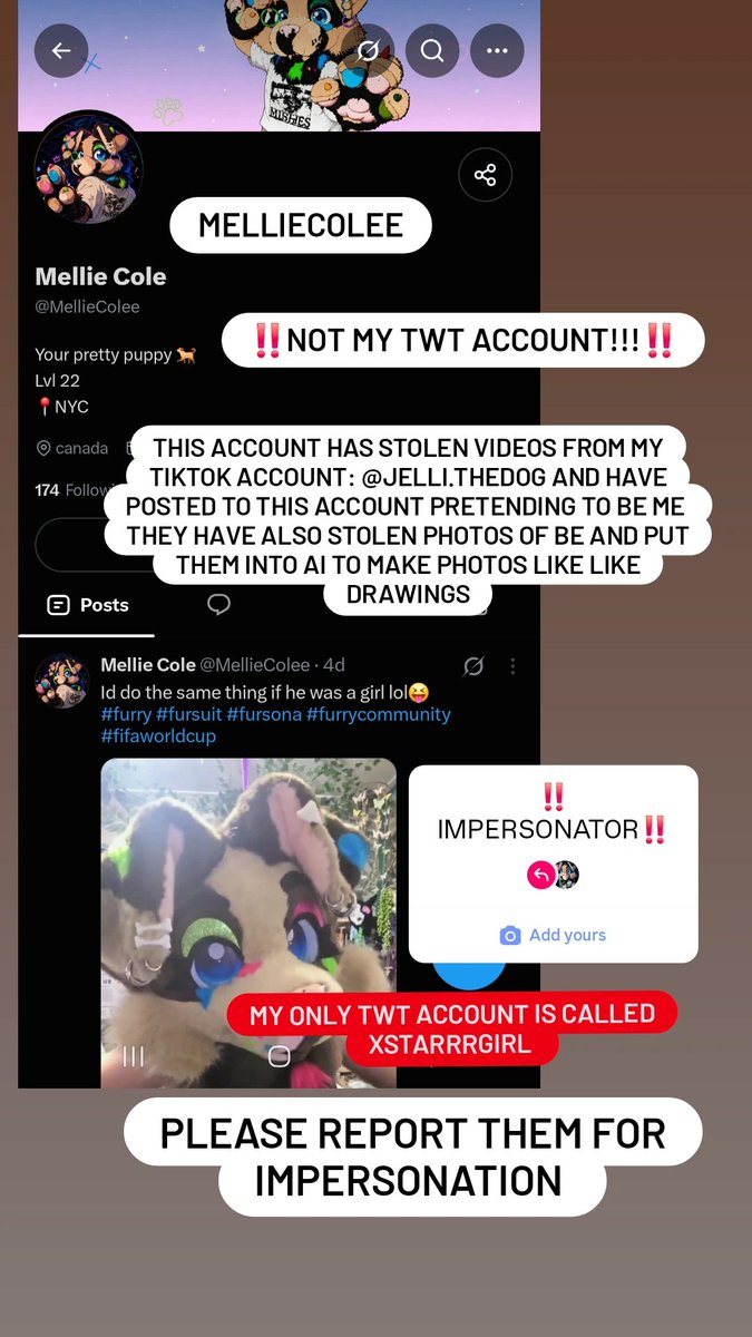 Jelli_thedog's tweet photo. ‼️@Melliecolle is an impersonator they have blocked me after i called them out‼️

PLEASE REPORT THEM https://t.co/GifC4tkj9D
