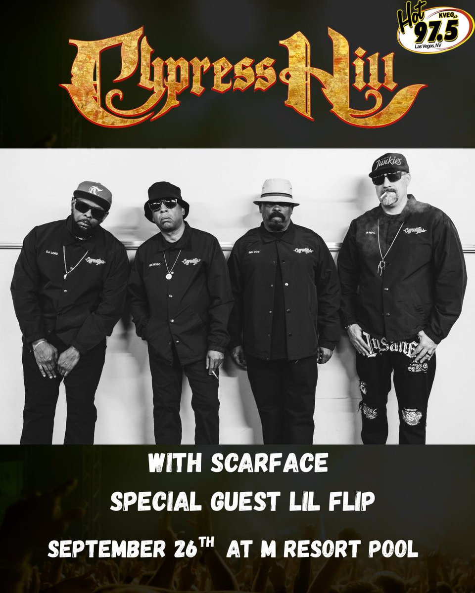 hot975vegas's tweet photo. Tune in for your chance to win tickets to see CYPRESS HILL with SCARFACE and special guest  LIL FLIP 🔥 at M Resort Pool! Call 702-320-5834 when you hear the cue to call, Caller 19 wins! All going down September 26th! https://t.co/dtmpaQsoka