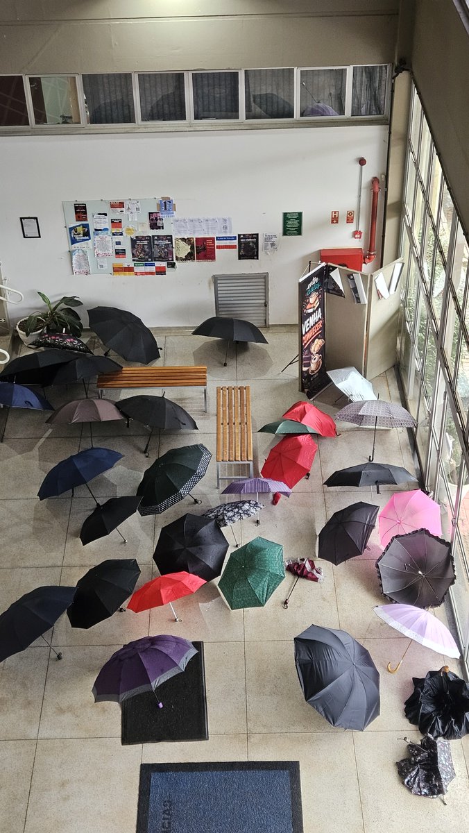mthsousab's tweet photo. dia 101 de chuva em sp: os recintos não possuem mais espaços para que os guarda-chuvas sequem.  logo os humanos precisarão ser sacrificados para evitar uma superlotação https://t.co/LM2qFDTrN3