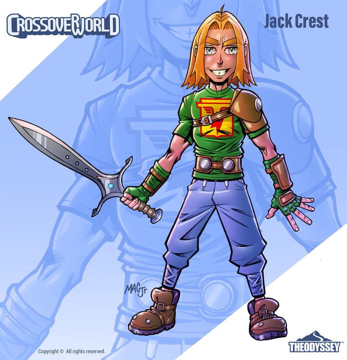 Mickezilla's tweet photo. Jack Crest rounds out CrossoverWorld’s Hero Party, the final member. Raised as a Dagger Scion, trained to fulfill prophecy, enhanced by the Order, and armed with the Valorbrand, Jack looks exactly like the Fantasy-Hero destiny should choose.

Maybe too exactly.

#CrossoverWorld https://t.co/erfrncTKou