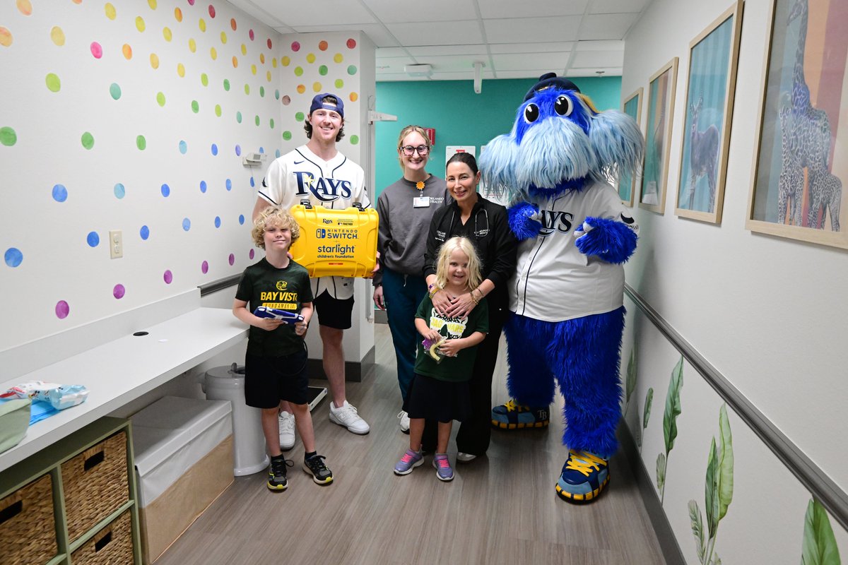 RaysBaseball's tweet photo. Ryan Pepiot and Raymond made a very special delivery!

In honor of #ChildhoodCancerAwarenessMonth and partnership with @MLB and @StarlightUS, we donated a Nintendo handheld to @OHWestCoast's Pediatric Office. The device has many games loaded to provide patients with an escape through play.

@rayscommunity | #MLBTogether