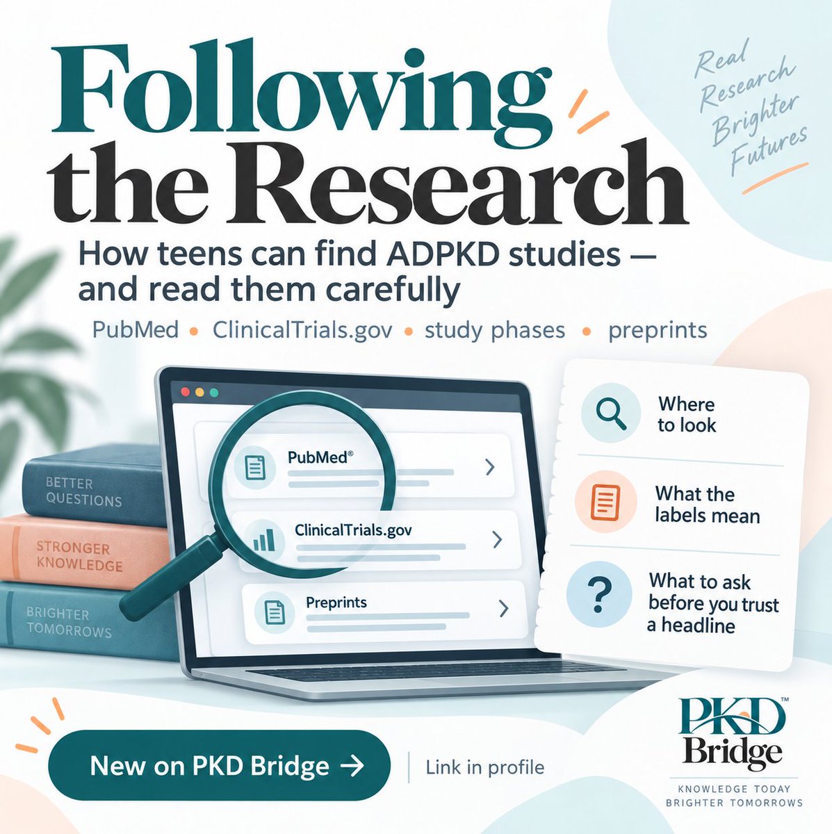 PKDBridge's tweet photo. New on PKD Bridge: “Following the Research.” A teen-friendly guide to finding ADPKD studies, understanding trial phases, reading headlines carefully, and knowing when to bring questions to a care team. https://t.co/Z0HwC7Z6LE      
#PKD #KidneyHealth #TeenHealth #ScienceLiteracy https://t.co/2eNvYH4hlV