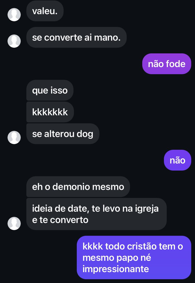 ComaWhitey's tweet photo. quando ce ta conversando com o cara dboa e ele manda vc se converter (?) kkkk https://t.co/5JMaKoGZR8