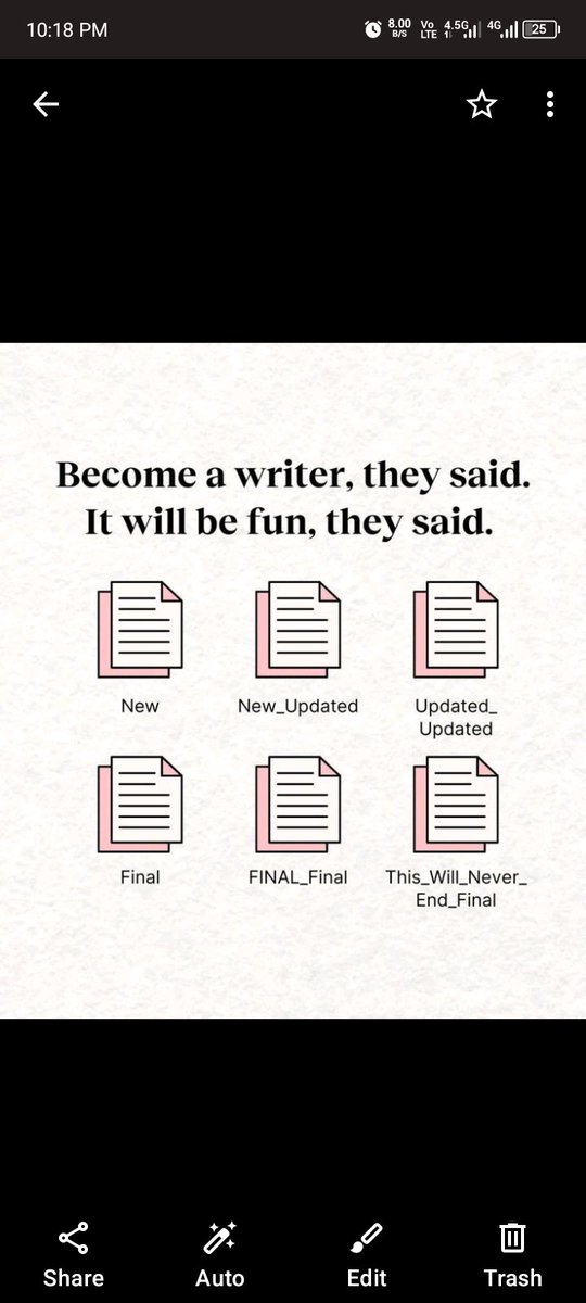 KaitlynGreq8g's tweet photo. Every writer has a “FINAL_final_REALLYFINAL” file somewhere. 😂
Don’t lie. How many versions of your current manuscript do you have? 
#WritingCommunity #AmWriting #WritersOfX #AuthorLife #WritingLife https://t.co/JQNlEeHfz7