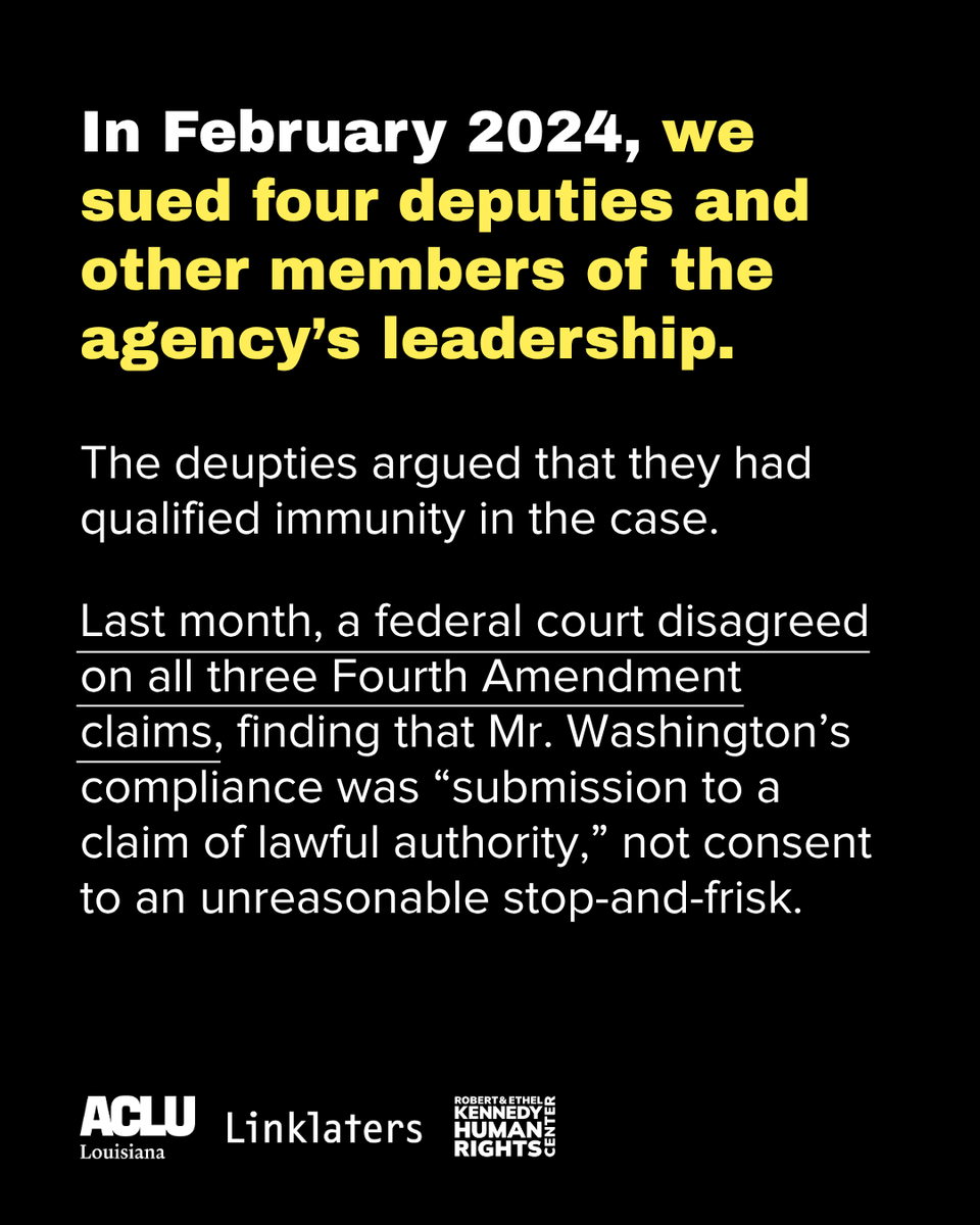 Kennedy_HRC's tweet photo. 2/ That’s what happened to our client, Mr. Bruce Washington. After he was racially profiled and unconstitutionally searched during a traffic stop, we sued, and last month, won a major victory against the deputies’ qualified immunity defense.

🔗 More information: https://t.co/nWwIrKyHIM
