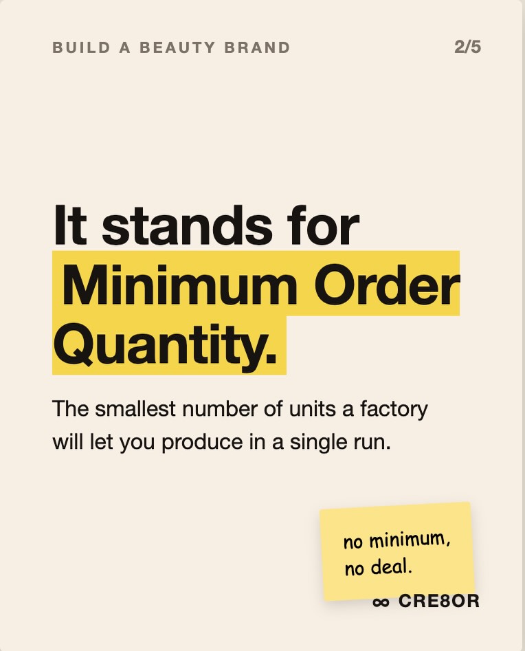 j_mac2011's tweet photo. What’s an MOQ, and why does it matter for your first launch? It’s the Minimum Order Quantity—the smallest batch a factory will produce. While many beauty factories require 5, 000+ units, Cre8or lets you start with as few as 108. Test demand, reduce https://t.co/2hIlnvqDeD