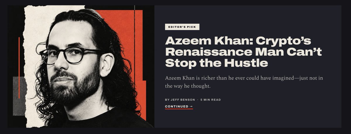 theindexsite's tweet photo. The first issue of The Index features @azeemk, crypto’s true renaissance man.

In our debut profile, @jbensonwrites tells the story of a man who “had a goal when he was younger: to get rich. Not just vacation-home rich or fancy-car rich. 

He wanted to be filthy, inconceivably, awe-inspiringly rich.”

Read the full story below

Link: https://t.co/RIbTHgdMyT