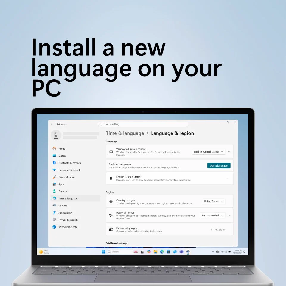 Text above a laptop with language settings on-screen says install a new language on your PC.
