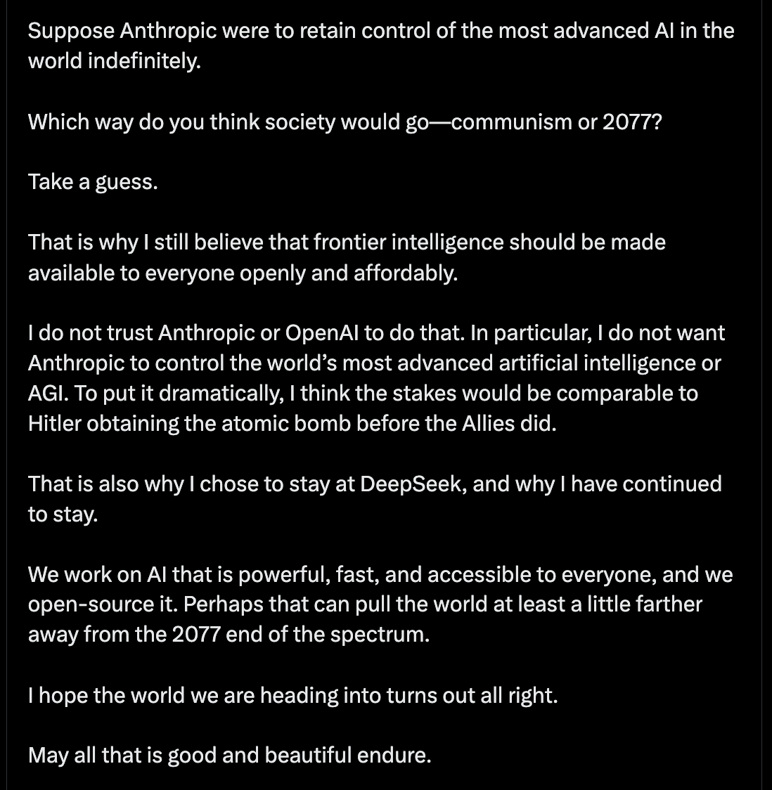 teortaxesTex's tweet photo. I wonder if Dario can *imagine* being such a Bad Guy in the eyes of a young 150 IQ Chinese engineer with full access to the Web. The cream of the crop of the people he's intent to Save From The CCP saying "Nazi psycho, I'll build open weights AGI just to stop your evil plans!" https://t.co/gByFjuyq1L