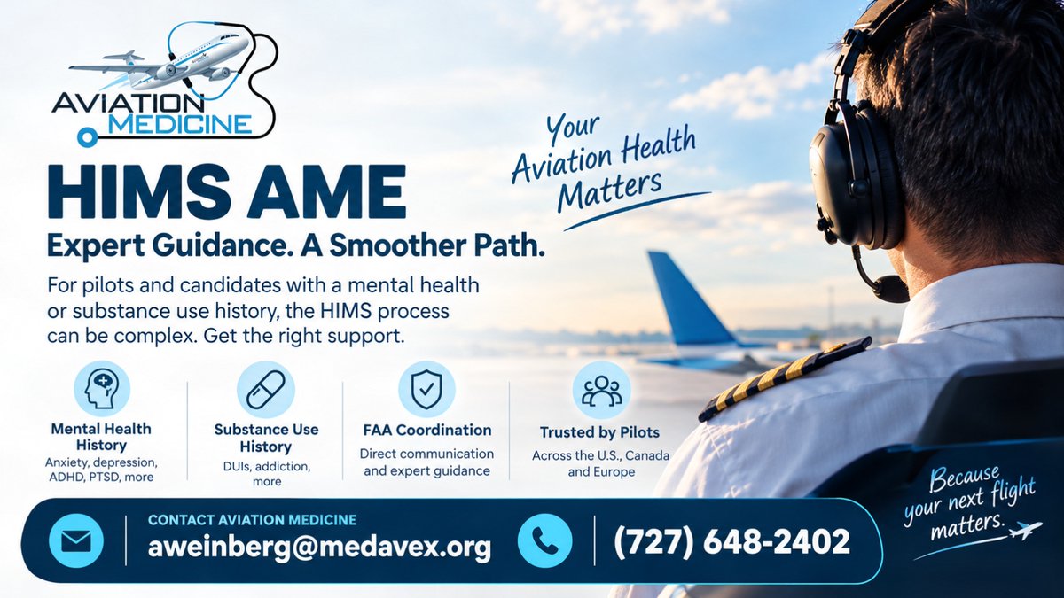 AvMedOfficial's tweet photo. Navigating the HIMS process doesn’t have to be overwhelming. ✈️ Get expert guidance from an experienced HIMS AME.

📞 (727) 648-2402
📧 aweinberg@medavex.org
🪩https://t.co/zDwdfeVb11

#HIMSAME #AviationMedicine #FAAMedical #PilotHealth #PilotMedical https://t.co/4twH9s4Aw5